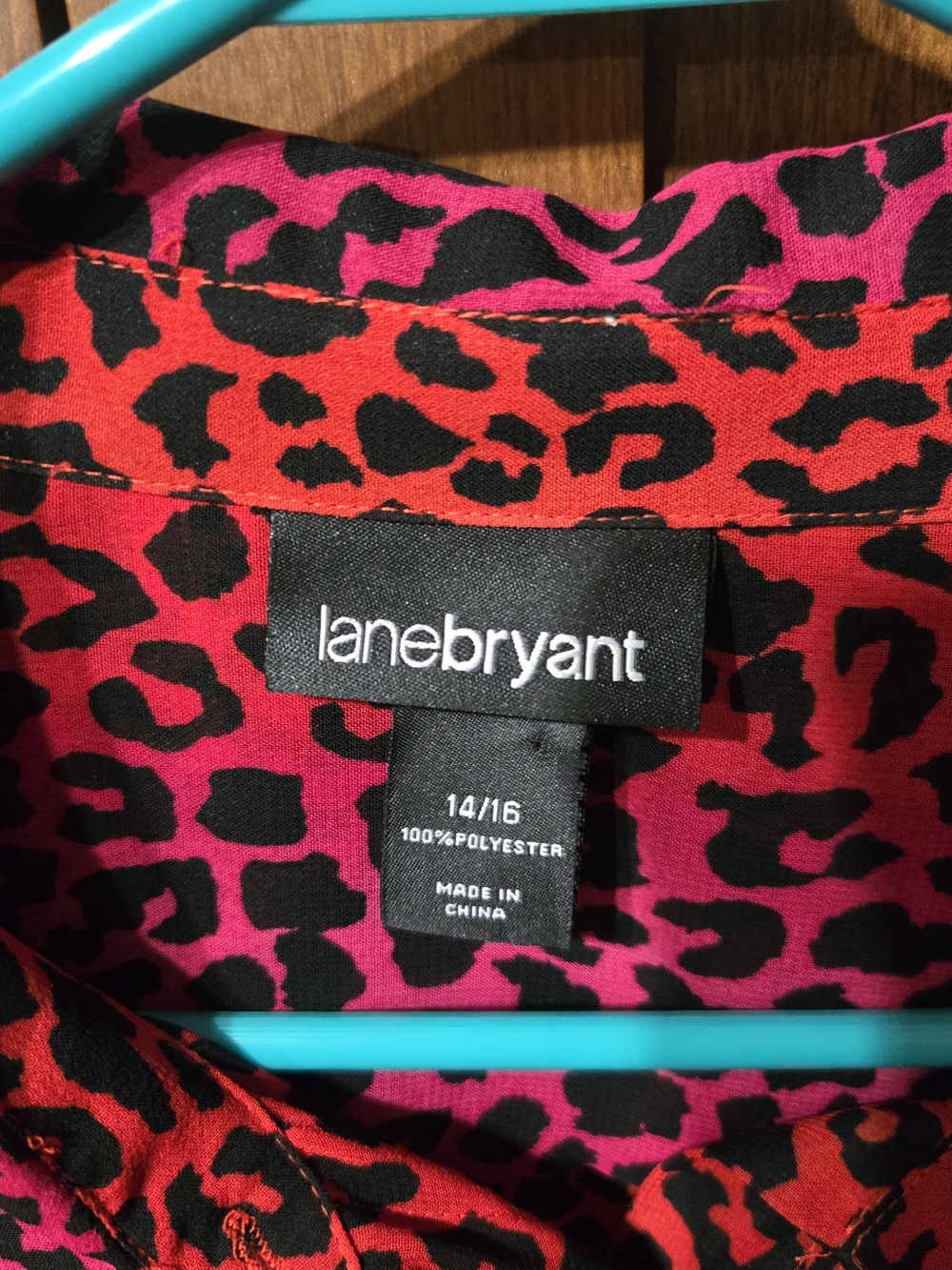 Lane Bryant Red and Pink Leopard Print Button-Down Top - Picture 3 of 5